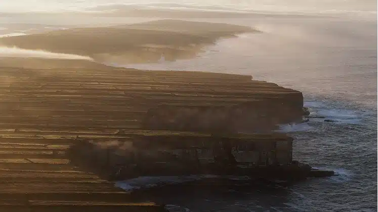 Coastal cliffs and fields from above