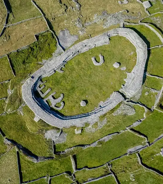 Aerial view of Inis Meáin's limestone terraces and stone walls