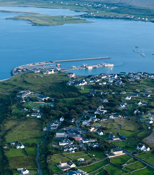 Aerial view of Inis Oírr's beach and village